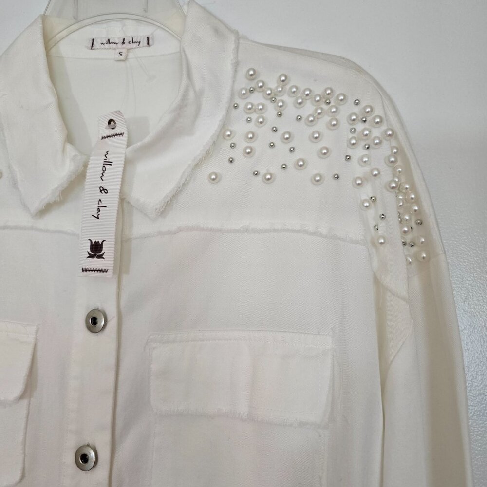 NWT Willow & Clay White Pearl Ebellished Denim Shirt Shacket LS Size Small - Picture 4 of 16